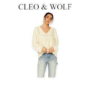 Cleo + Wolf Austin Cream Cotton Boho Eyelet Lace Blouse Womens Small Ivory Top